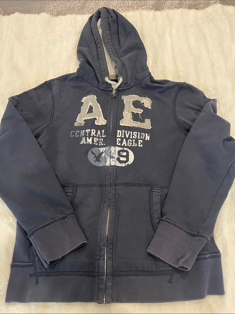 American Eagle Outfitters Navy Blue Full-Zip Hoodie with AE Graphic